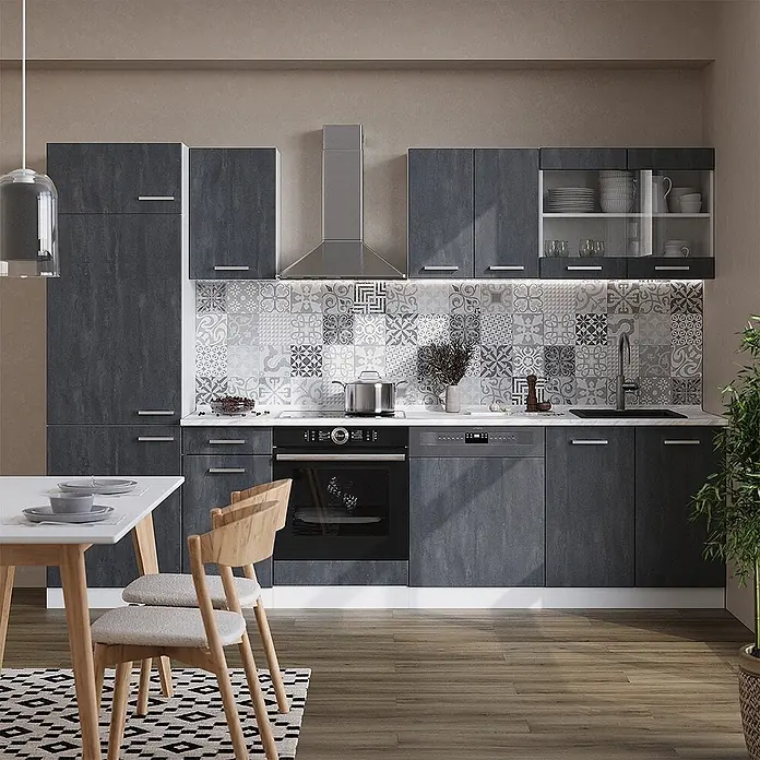 Vicco Küchenzeile R-Line, Schwarz Beton/Weiß, 300 cm -  - Moderne dunkelgraue Küchenschränke mit Struktur, integrierten Geräten und weißer Arbeitsplatte in einer funktionalen Küche.