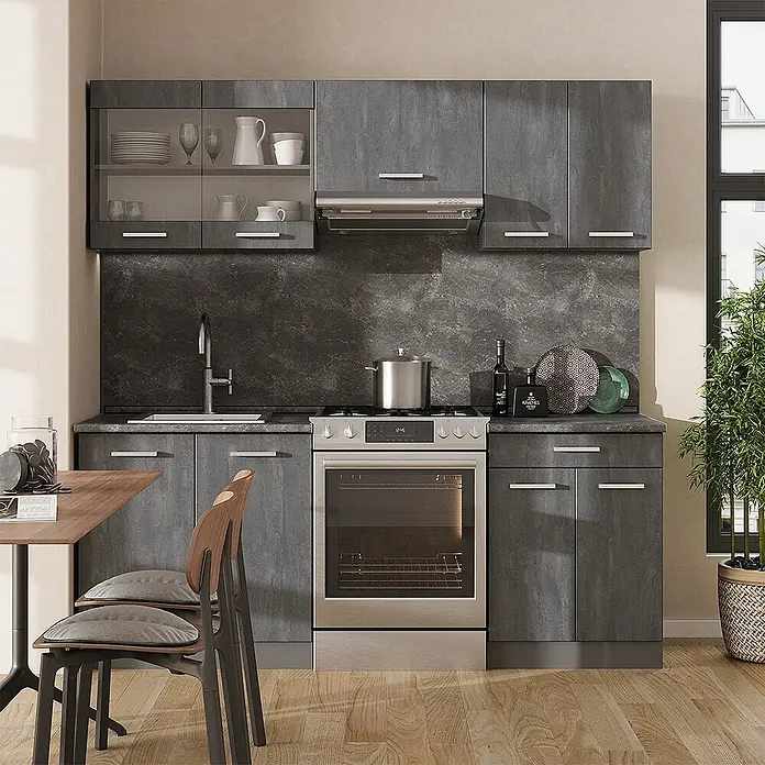 Vicco Küchenzeile R-Line, Schwarz Beton/Anthrazit, 200 cm -  - Dunkelgraue Küchenzeile mit strukturierten Schränken, silbernen Griffen, integriertem Backofen, Herd und Spüle.