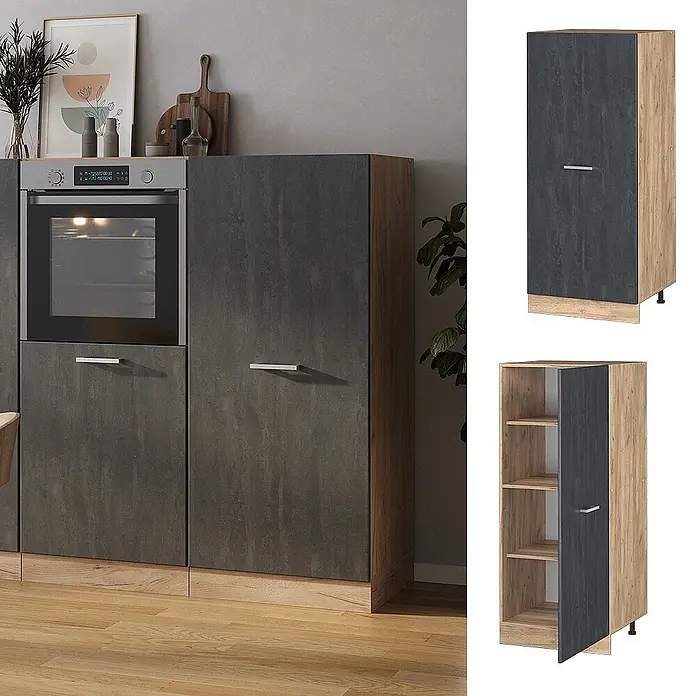 Vicco Vorratsschrank R-Line, Schwarz Beton, 60 cm -  - Anthrazitfarbener Hochschrank in Betonoptik mit hellen Holzseiten und Sockel, in Küche und einzeln mit Regalen gezeigt.