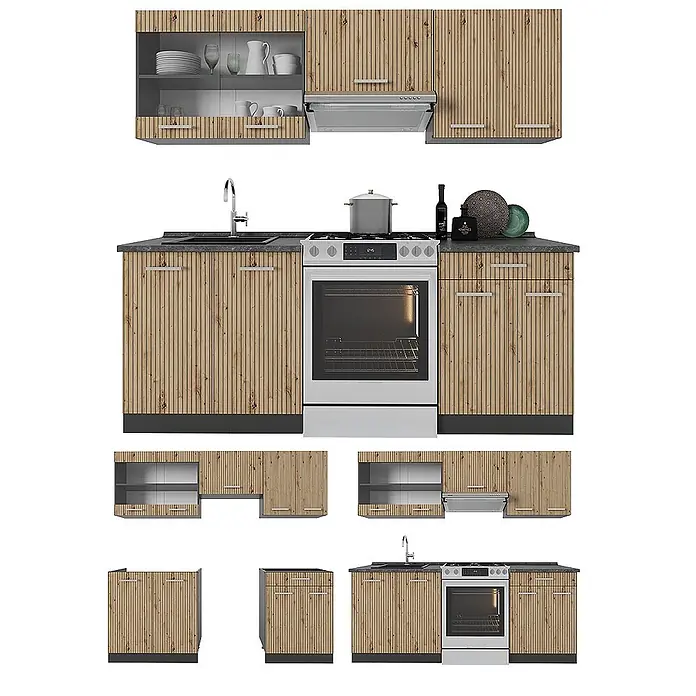 Küchenzeile R-Line 200 cm Artisan-Eiche Art.-Nr. 48956 -  - Modulküche mit hellen Schränken in Holzlamellenoptik, dunkler Arbeitsplatte, Spüle, Herd und Dunstabzug. Einzelmodule gezeigt.