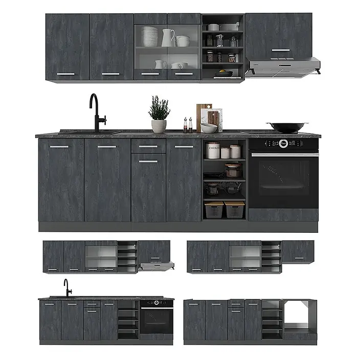 Vicco Küchenzeile R-Line, Schwarz Beton/Anthrazit, 240 cm -  - Modulare Küche in Dunkelgrau Betonoptik mit Ober- und Unterschränken, Spüle, Backofen und Dunstabzugshaube.