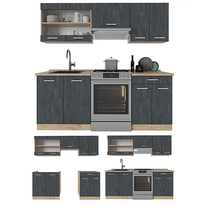 Vicco Küchenzeile R-Line, Schwarz Beton/Goldkraft Eiche, 200 cm -  - Modulare dunkelgraue Küchenzeile mit hellen Holzdetails, inklusive Schränken, Spüle und integriertem Ofen.