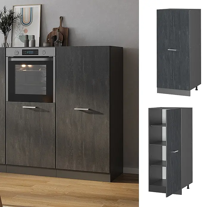 Vicco Vorratsschrank R-Line, Schwarz Beton, 60 cm -  - Dunkelgraue Küchenzeile mit integriertem Backofen und passenden Schränken, strukturierte Oberfläche.