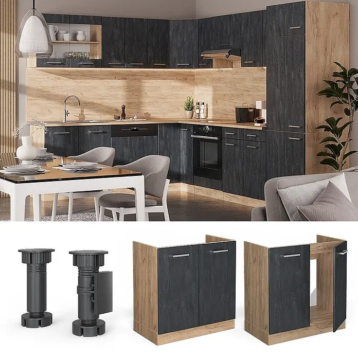 Vicco Spülenunterschrank R-Line, Schwarz Beton, 80 cm -  - Moderne Eckküche mit dunkelgrauen Schränken und hellen Holzdetails, in einer Wohnumgebung gezeigt, mit einzelnen Schrankkomponenten.