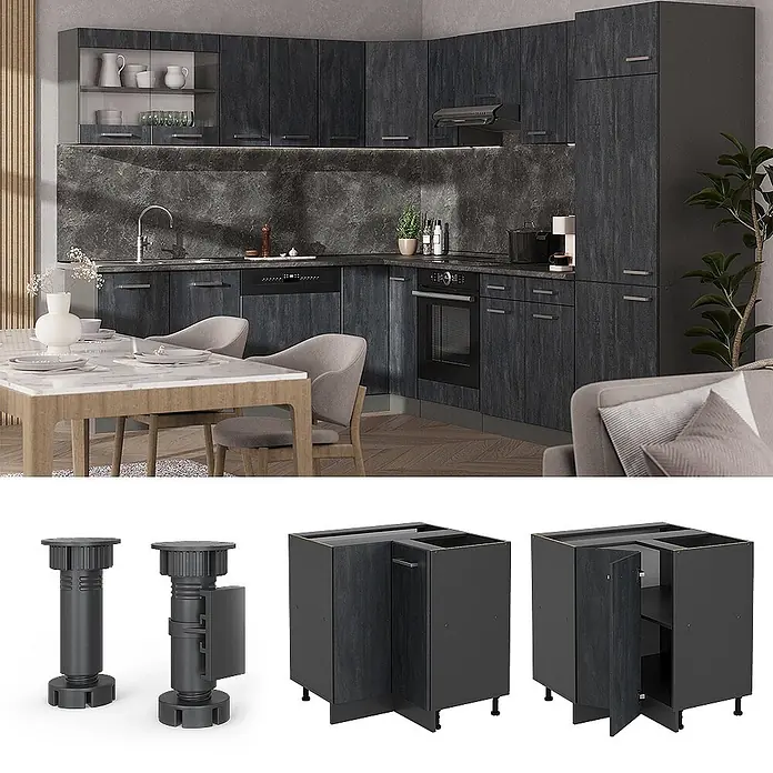 Vicco Eckunterschrank R-Line, Schwarz Beton, 75.6 cm -  - Modulare Küche in dunkelgrauer Holzoptik mit verstellbaren Füßen und Eckunterschränken.