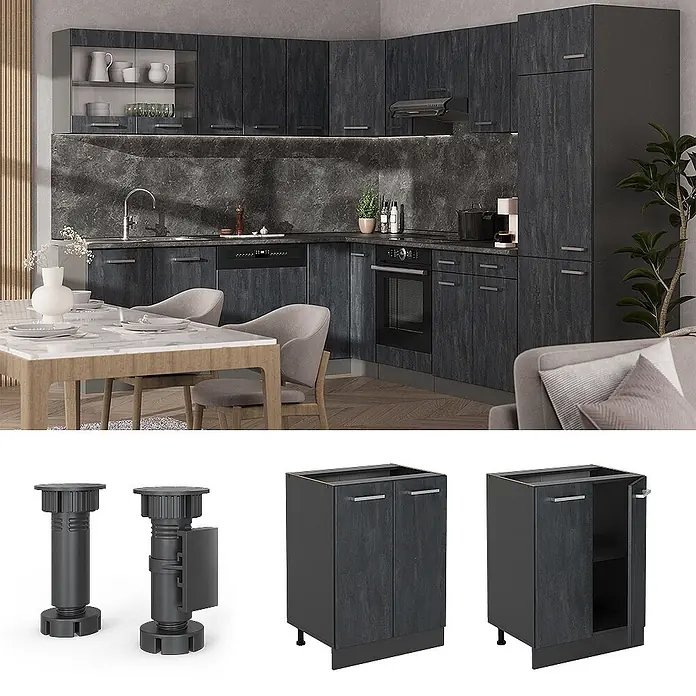 Vicco Küchenunterschrank R-Line, Schwarz Beton, 60 cm -  - Dunkelgraue Küchenschränke mit Holztextur in L-Form, in einer modernen Küche installiert.