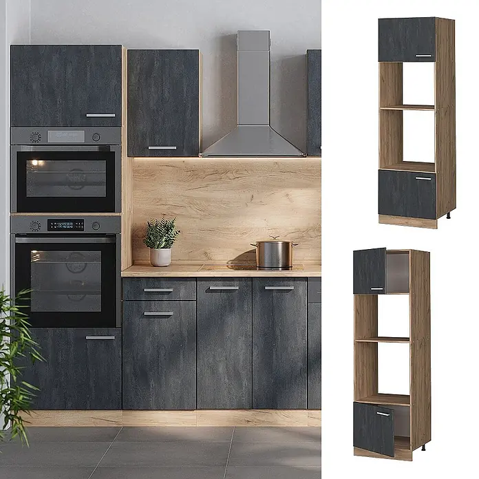 Vicco Mikrowellenschrank R-Line, Schwarz Beton, 60 cm -  - Hoher Küchenschrank, dunkelgraue texturierte Türen, heller Holzoptik-Rahmen. Mit Gerätefächern & Ablageflächen.
