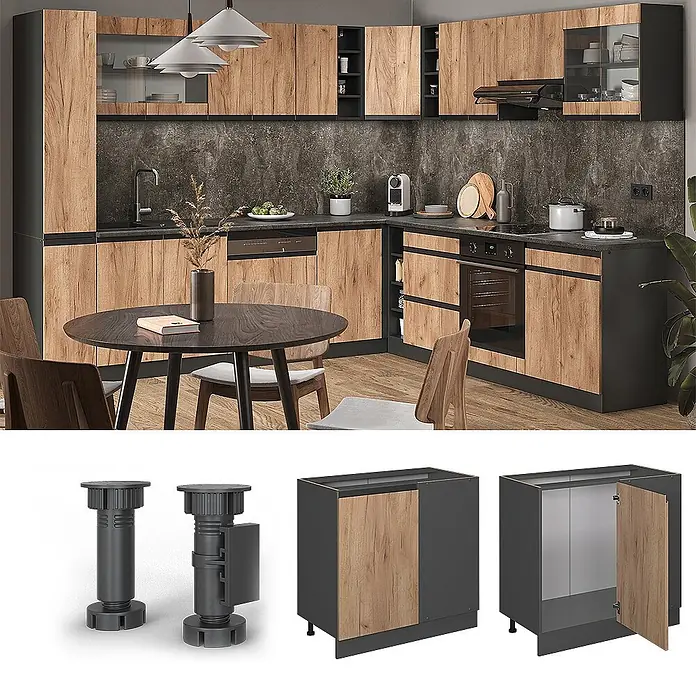 Vicco Eckunterschrank R-Line, Goldkraft Eiche, 86 cm -  - Moderne Küche mit Holzoptik-Türen und dunkelgrauen Schränken; einzelne Komponenten wie verstellbare Füße und Korpusse sind abgebildet.