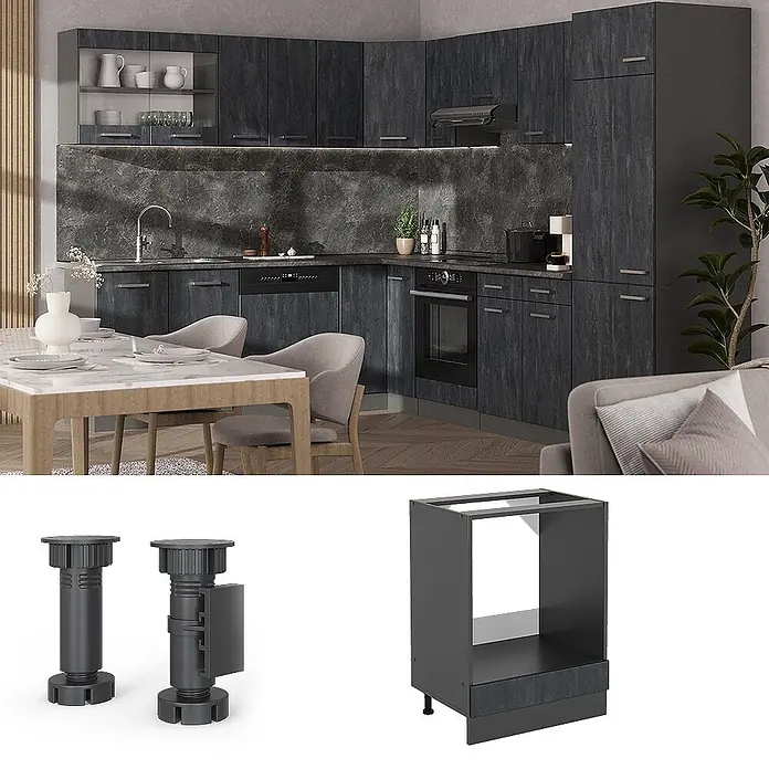 Vicco Herdumbauschrank R-Line, Schwarz Beton, 60 cm -  - Moderne L-förmige Küche mit dunkelgrauen Schränken in Holzoptik und integrierten Geräten. Verstellbare Füße und ein Backofenunterschrank sind ebenfalls abgebildet.