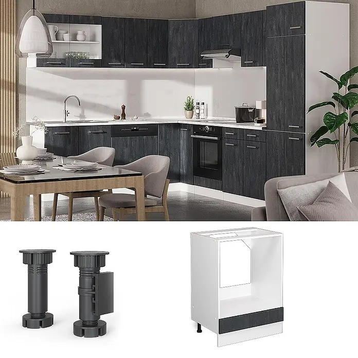 Vicco Herdumbauschrank R-Line, Schwarz Beton, 60 cm -  - Moderne dunkelgraue Küchenmöbel mit weißen Sockelleisten, integriertem Backofenschrank und verstellbaren Füßen.