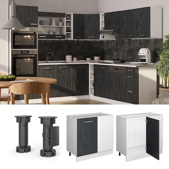 Vicco Eckunterschrank R-Line, Schwarz Beton, 86 cm -  - Moderne Küche mit dunkelgrauen Holzdekor-Schränken, weißen Elementen, integrierten Geräten und verstellbaren Füßen.