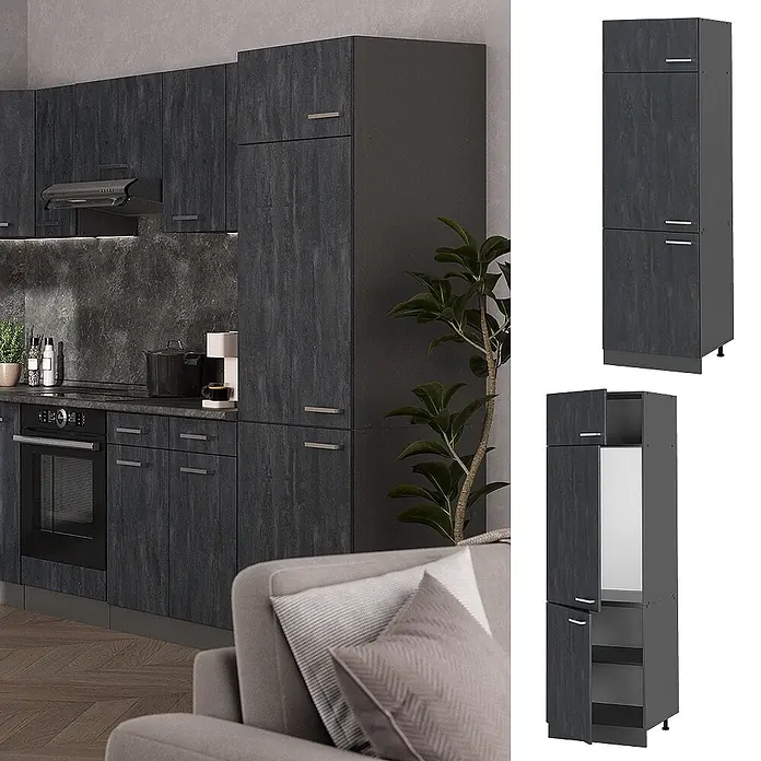 Vicco Kühlumbauschrank R-Line, Schwarz Beton, 60 cm -  - Dunkelgraues Küchenschranksystem mit Textur, in Küchenumgebung und als Hochschrank mit Stauraum und Gerätefach.