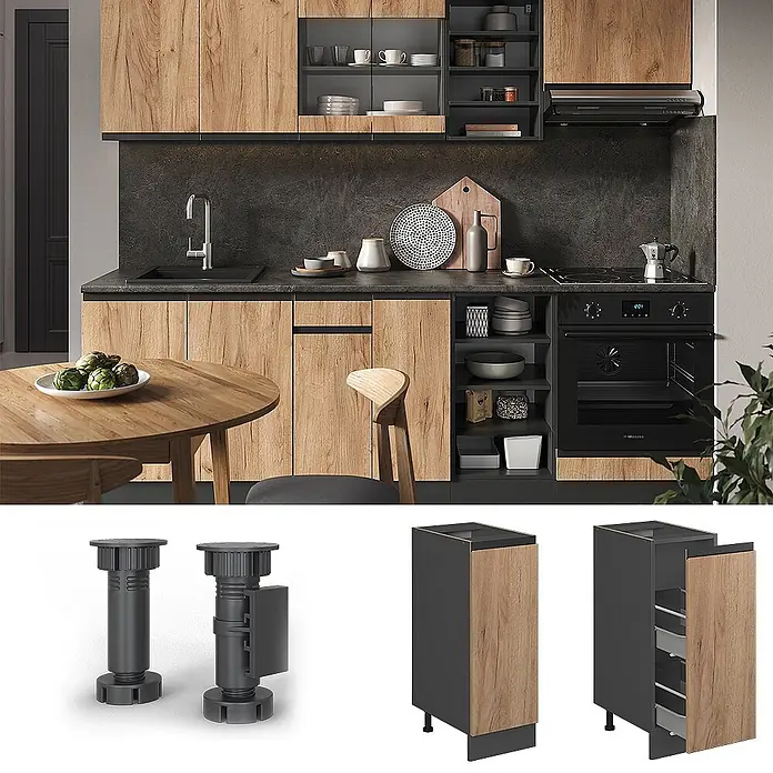 Vicco Apothekerschrank R-Line, Goldkraft Eiche, 30 cm -  - Moderne Küche mit Holzoptik- und dunkelgrauen Schränken, separat gezeigt mit verstellbaren Füßen und modularen Schubladeneinsätzen.