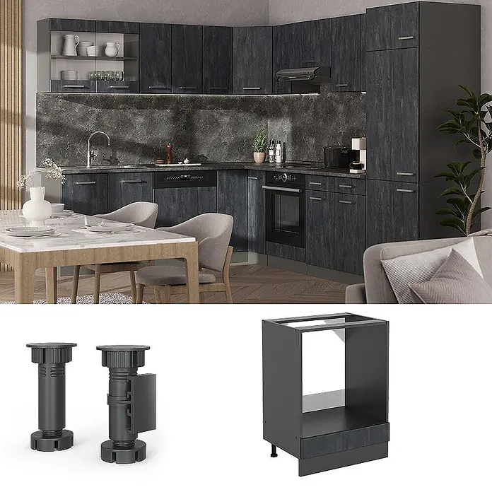 Vicco Herdumbauschrank R-Line, Schwarz Beton, 60 cm -  - Moderne Küche mit dunklen Holzdekor-Schränken, verstellbaren Füßen und einem Ofenunterschrank-Rahmen.