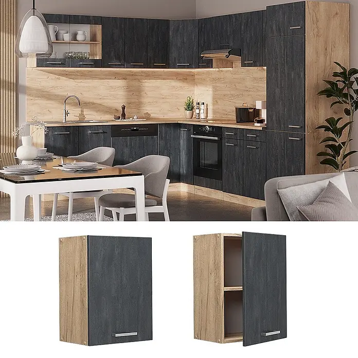Vicco Hängeschrank R-Line, Schwarz Beton, 45 cm -  - Moderne Eckküche mit dunkelgrauen Schränken und hellen Holzakzenten.