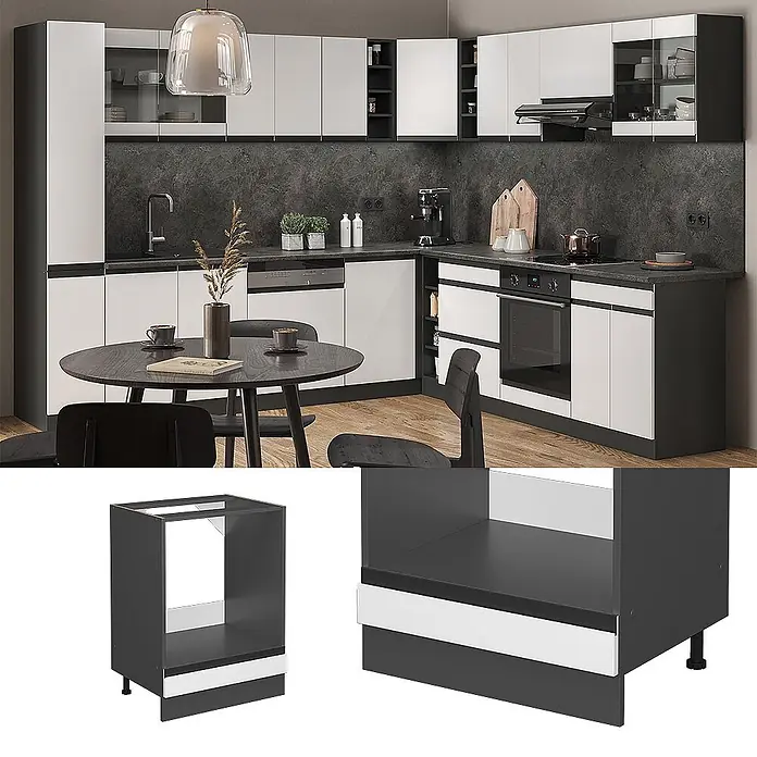 Vicco Herdumbauschrank R-Line, Weiß, 60 cm -  - Moderne dunkelgraue und weiße Küche mit integriertem Backofen, Detailansicht eines dunkelgrauen Backofenschranks mit weißer Blende.