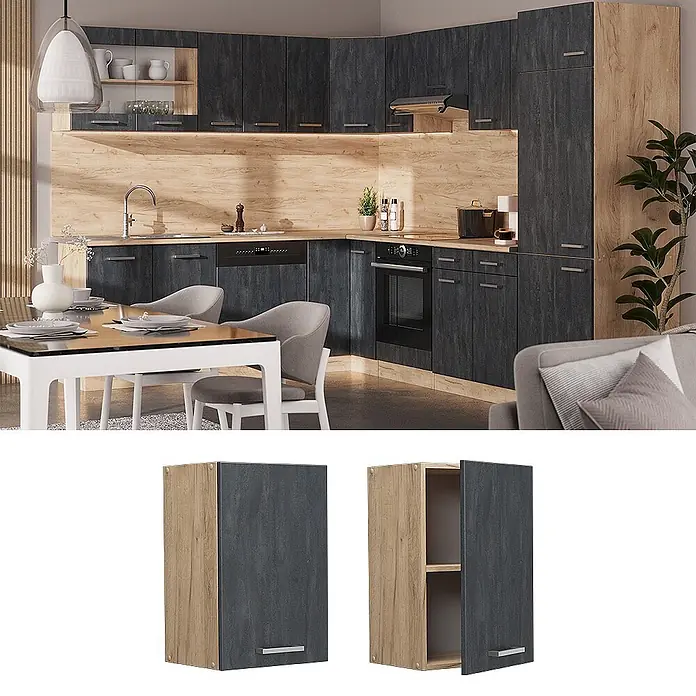 Vicco Hängeschrank R-Line, Schwarz Beton, 40 cm -  - Moderne Küche mit anthrazitfarbenen Fronten und hellen Eicheneffekt-Schränken. Zweifarbiger Wandschrank geschlossen und offen gezeigt.