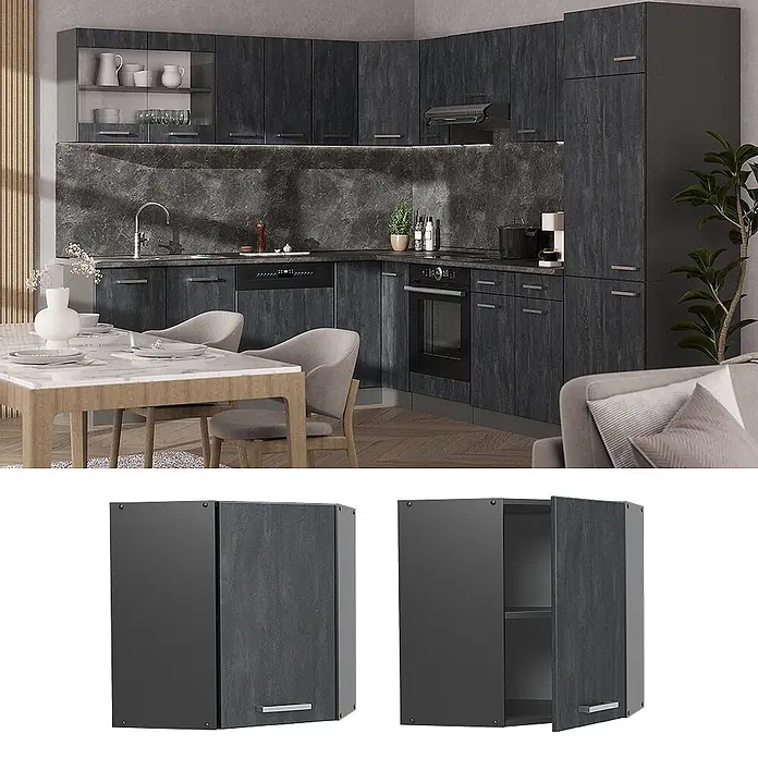 Vicco Eckhängeschrank R-Line, Schwarz Beton, 57 cm -  - Dunkelgrauer texturierter Kücheneckschrank, gezeigt in einer Küche und als einzelne Einheiten.