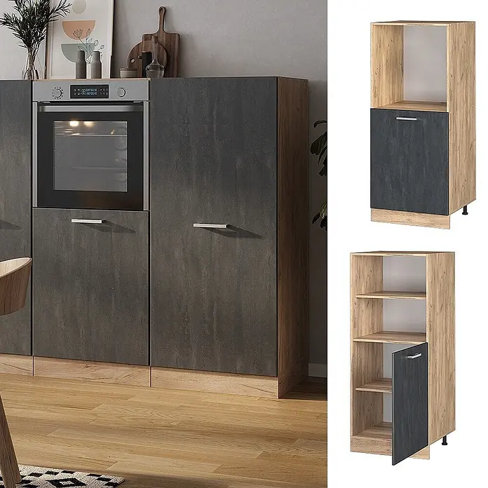 Vicco Herdumbauschrank R-Line, Schwarz Beton, 60 cm -  - Küchenschränke mit dunkelgrauen Betonoptik-Fronten und hellen Holzrahmen, inklusive Backofenschrank und Lagereinheiten.