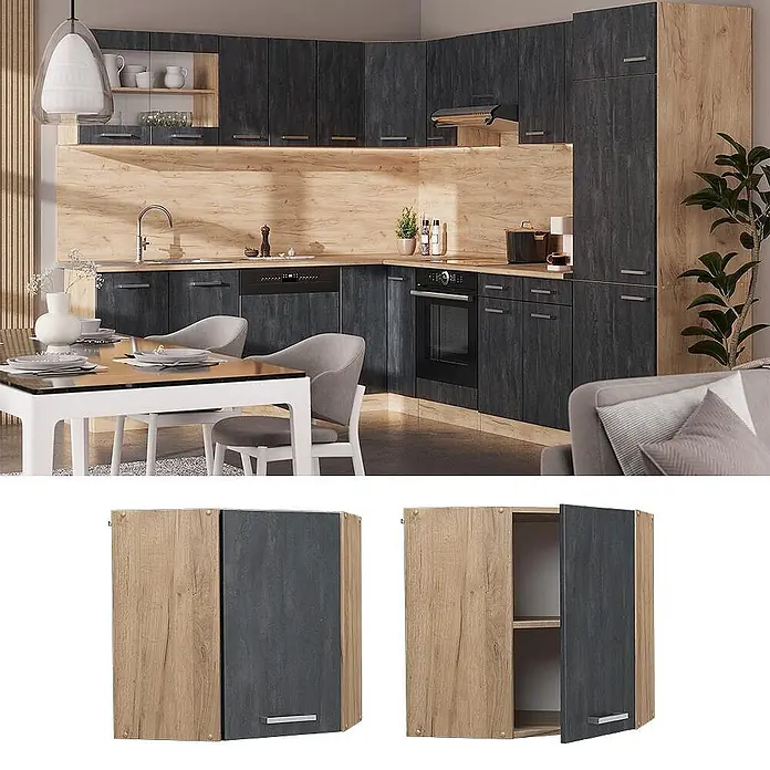 Vicco Eckhängeschrank R-Line, Schwarz Beton, 57 cm -  - Moderne modulare Küchenschränke in Anthrazit und hellem Holz, als komplette Küche und ein Eck-Wandschrank dargestellt.