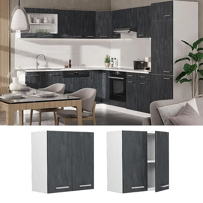 Vicco Hängeschrank R-Line, Schwarz Beton, 60 cm -  - Dunkelgraue und weiße Küchenoberschränke mit silbernen Griffen, in einer modernen Küche installiert.