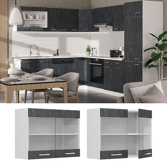 Vicco Küchenglasschrank R-Line, Schwarz Beton, 80 cm -  - Moderne Küche mit dunkelgrauen Holzoptik-Schränken und weißen Elementen, mit Essbereich. Produktbilder zeigen Hängeschränke mit Glastüren.