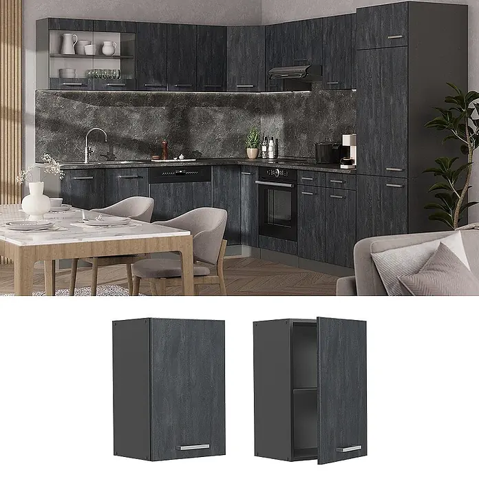 Vicco Hängeschrank R-Line, Schwarz Beton, 40 cm -  - Dunkelgraue, strukturierte Eckküchenschränke mit integrierten Geräten und silbernen Griffen.