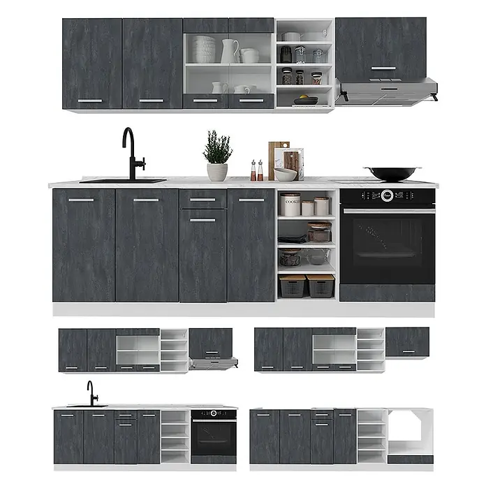 Vicco Küchenzeile R-Line, Schwarz Beton/Weiß, 240 cm -  - Modulare Küchenzeile mit dunkelgrauen strukturierten Türen, weißen Arbeitsplatten und offenen Regalen, inkl. Spüle & Ofen.