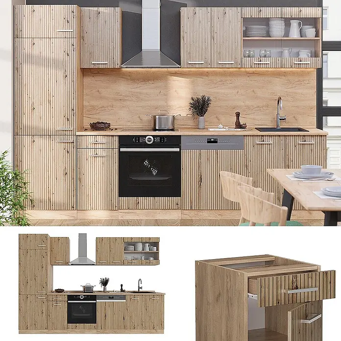 Küchenzeile R-Line 300 cm Artisan-Eiche Art.-Nr. 48920 -  - Moderne helle Holzküche mit gerillten Fronten, integrierten Geräten und heller Arbeitsplatte, in einer Küchenumgebung.