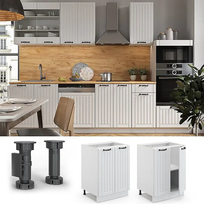 Küchenunterschrank Fame-Line 60 cm Weiß Landhaus Art.-Nr. 46552 -  - Weißes Küchenschranksystem mit schwarzen Griffen und dunklen verstellbaren Füßen, in einer modernen Küche installiert.