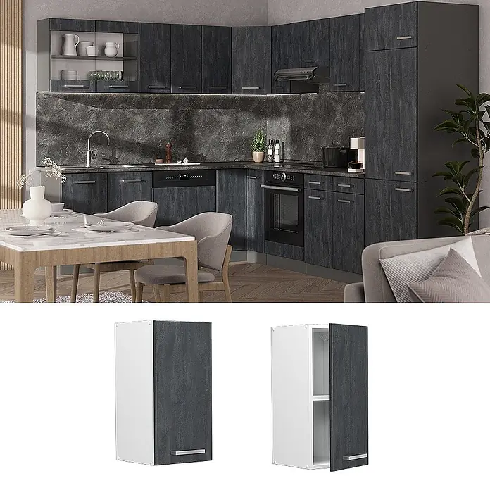 Vicco Hängeschrank R-Line, Schwarz Beton, 30 cm -  - Dunkelgraue, texturierte Küchenschränke mit silbernen Griffen, als Wandschränke in moderner Küche und einzeln geschlossen und geöffnet gezeigt.