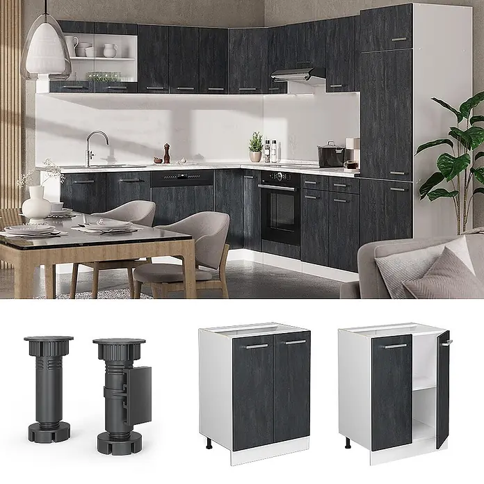 Vicco Küchenunterschrank R-Line, Schwarz Beton, 60 cm -  - L-förmige Küche mit dunkelgrauen Schränken in Holzoptik, weißen Rahmen und Arbeitsplatte, integriert in ein modernes Zuhause.