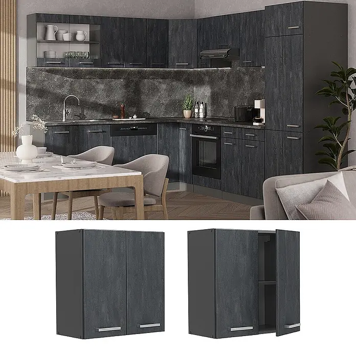 Vicco Hängeschrank R-Line, Schwarz Beton, 60 cm -  - Dunkelgraue Eckküchenschränke in Holzoptik mit Stahlgriffen, in moderner Küche gezeigt.