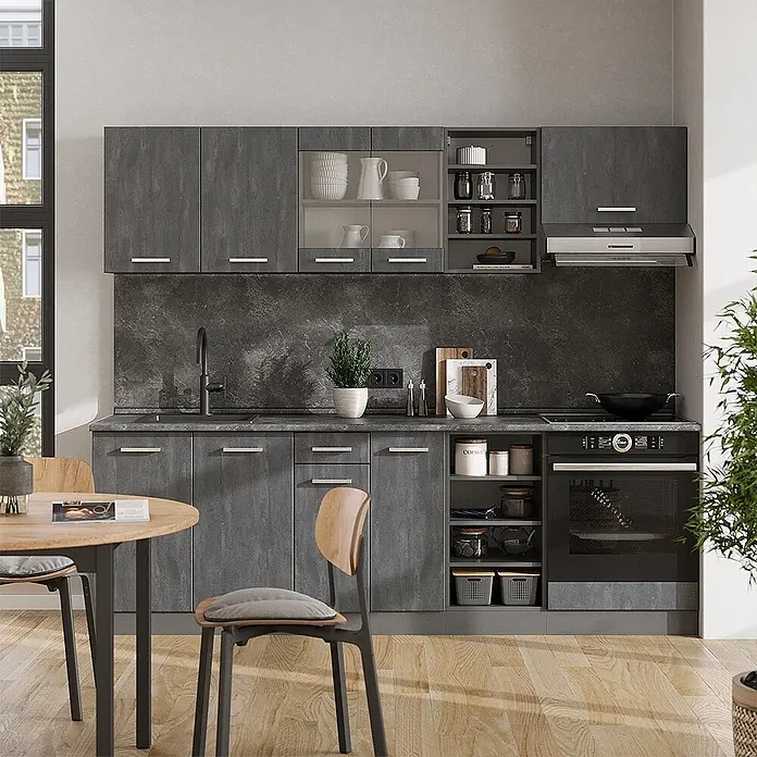 Vicco Küchenzeile R-Line, Schwarz Beton/Anthrazit, 240 cm -  - Moderne dunkelgraue strukturierte Modulküche mit Spüle, Ofen, Kochfeld und diversen Stauraumlösungen.