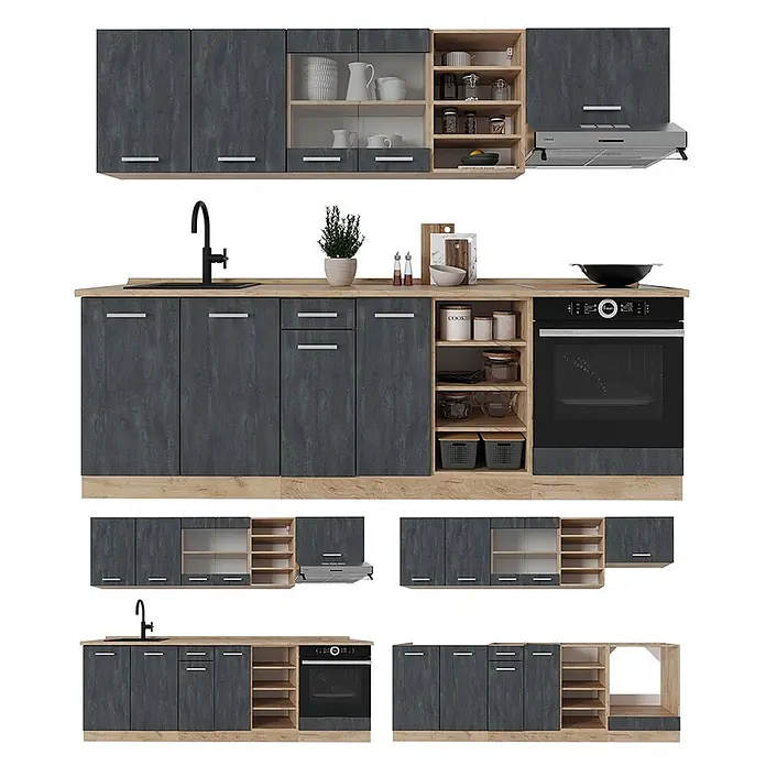 Vicco Küchenzeile R-Line, Schwarz Beton/Goldkraft Eiche, 240 cm -  - Moderne modulare Küchenzeile mit dunkelgrauen Schränken und hellen Holz-Akzenten, Spüle, Backofen und offenen Regalen.