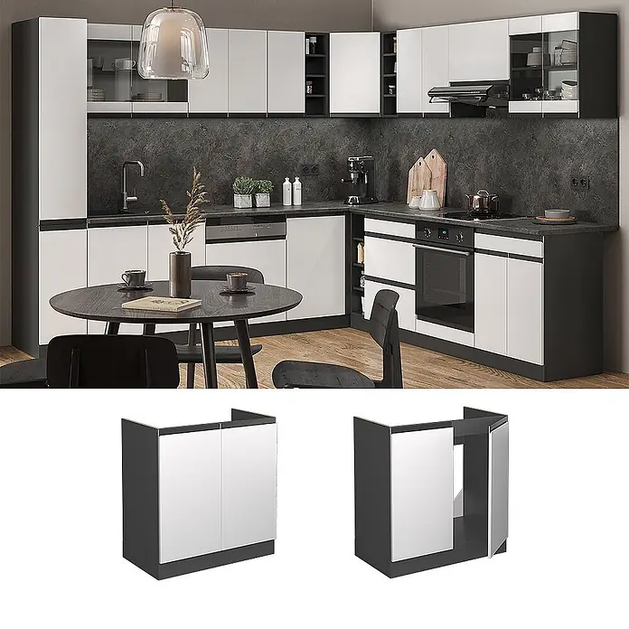 Vicco Spülenunterschrank R-Line, Weiß, 80 cm -  - Moderne Küche mit dunkelgrauen Unterschränken und weißen Türen, einschließlich eines Eckschranks mit Innenablage.