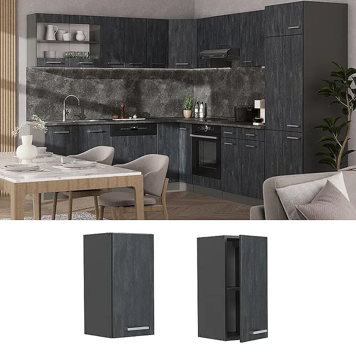 Vicco Hängeschrank R-Line, Schwarz Beton, 30 cm -  - Moderne L-förmige Küche mit dunkelgrauen, strukturierten Schränken und integrierten Geräten in einem offenen Wohnbereich.