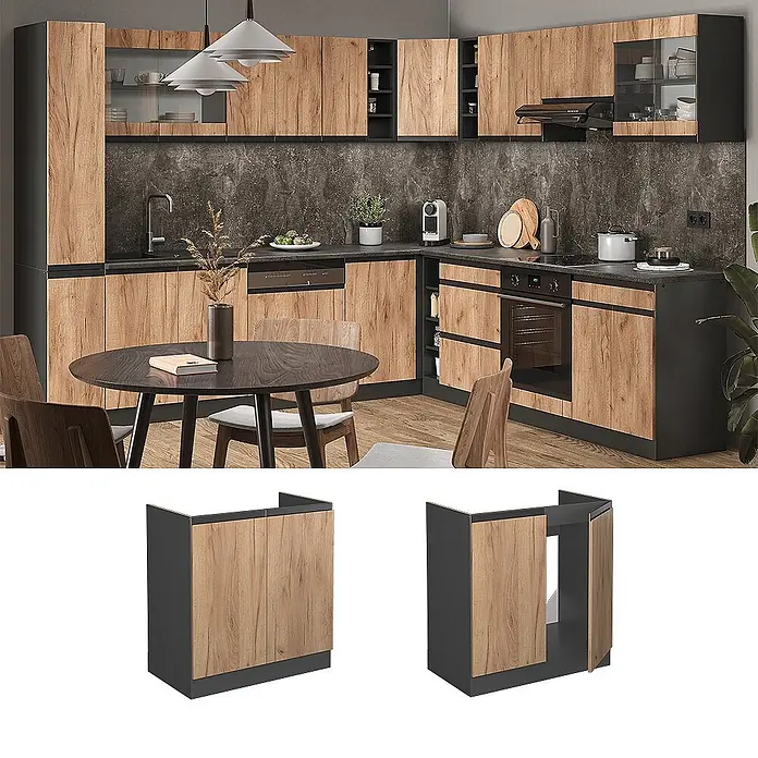 Vicco Spülenunterschrank R-Line, Goldkraft Eiche, 80 cm -  - Eckküche mit Holzoptikfronten und dunkelgrauen Rahmen, inklusive Unter- und Oberschränken, Einbauherd und Spüle.