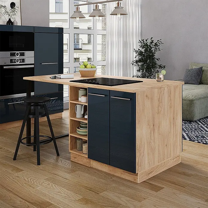 Vicco Inselküche Fame-Line Dunkelblau Hochglanz ohne Arbeitsplatte - Breite: 90 cm, Dunkelblau Hochglanz, Ohne Elektrogeräte - Moderne Kücheninsel mit dunkelblauen Schränken, Holzoptik-Arbeitsplatte, Kochfeld und Bartisch.