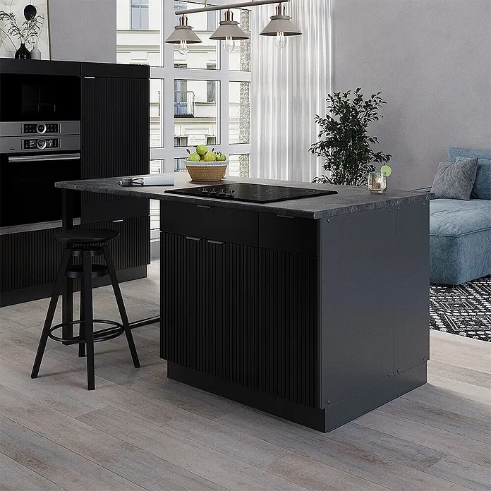 Vicco Inselküche Fame-Line Schwarz gestreift ohne Arbeitsplatte - Schwarz gestreift, Ohne Elektrogeräte - Moderne schwarze Kücheninsel mit Rillenpaneelen, Kochfeld und Sitzbereich. Passende Hochschränke mit Backöfen.