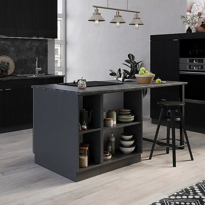 Vicco Inselküche Fame-Line Schwarz gestreift mit Schublade, ohne Arbeitsplatte - Schwarz gestreift, Ohne Elektrogeräte - Dunkelgraue Kücheninsel mit integriertem Kochfeld, offenen Regalen und Bartresen mit Hocker.