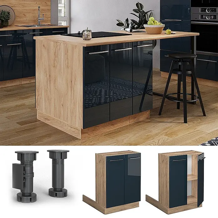 Vicco Inselküche Fame-Line Dunkelblau Hochglanz ohne Arbeitsplatte - Breite: 60 cm, Dunkelblau Hochglanz, Ohne Elektrogeräte - Moderne Kücheninsel mit dunkelblauen Hochglanztüren und heller Holzplatte, in einer Küche mit Hockern gezeigt.