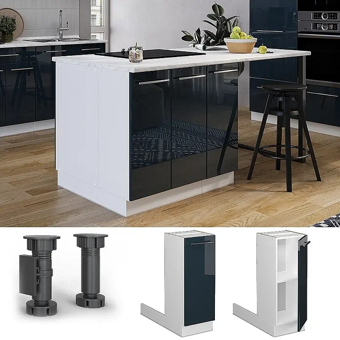 Vicco Inselküche Fame-Line Dunkelblau Hochglanz ohne Arbeitsplatte - Breite: 30 cm, Dunkelblau Hochglanz, Ohne Elektrogeräte - Moderne weiße und dunkelblaue Kücheninsel mit glänzenden Fronten, Marmorarbeitsplatte und integriertem Kochfeld, in einer Küche mit Hocker.