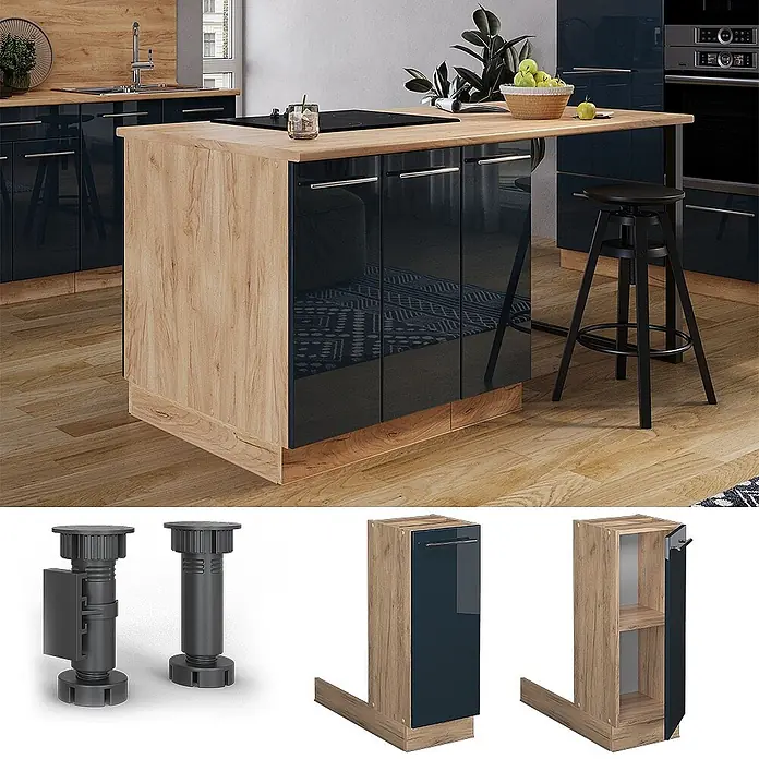 Vicco Inselküche Fame-Line Dunkelblau Hochglanz ohne Arbeitsplatte - Breite: 30 cm, Dunkelblau Hochglanz, Ohne Elektrogeräte - Moderne Kücheninsel mit heller Holzoptik und dunkelblauen Schranktüren, mit integriertem Kochfeld und Frühstückstheke.