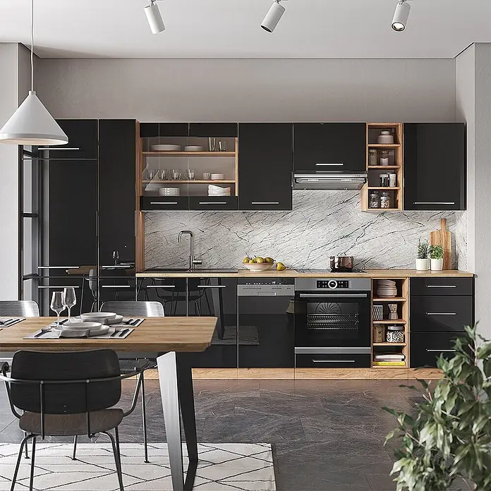 Vicco Küchenzeile Fame-Line, Anthrazit Hochglanz/Goldkraft Eiche, 355 cm -  - Elegante schwarze Hochglanzküche mit Holzakzenten und integrierten Geräten in einem modernen Raum.
