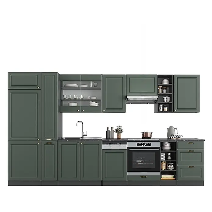 Vicco Küchenzeile Fame-Line Grün-Gold Landhaus/Anthrazit, AP Anthrazit - Breite: 355 cm, Grün-Gold Landhaus, Ohne Elektrogeräte - Dunkelgrüne Küchenschrank-Garnitur mit integrierter Spüle, Backofen und Geschirrspüler, Glasfronten und vielfältigem Stauraum.