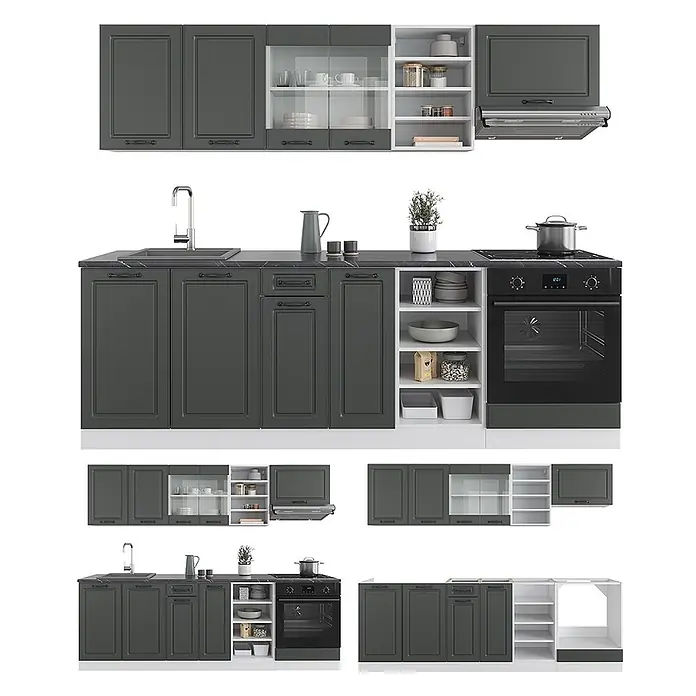 Vicco Küchenzeile R-Line Anthrazit Landhaus/Weiß, AP Marmor - Breite: 240 cm, Anthrazit Landhaus, Ohne Elektrogeräte - Dunkelgraue modulare Küchenzeile mit schwarzen Arbeitsplatten, integrierter Spüle, Kochfeld, Backofen und Hängeschränken.