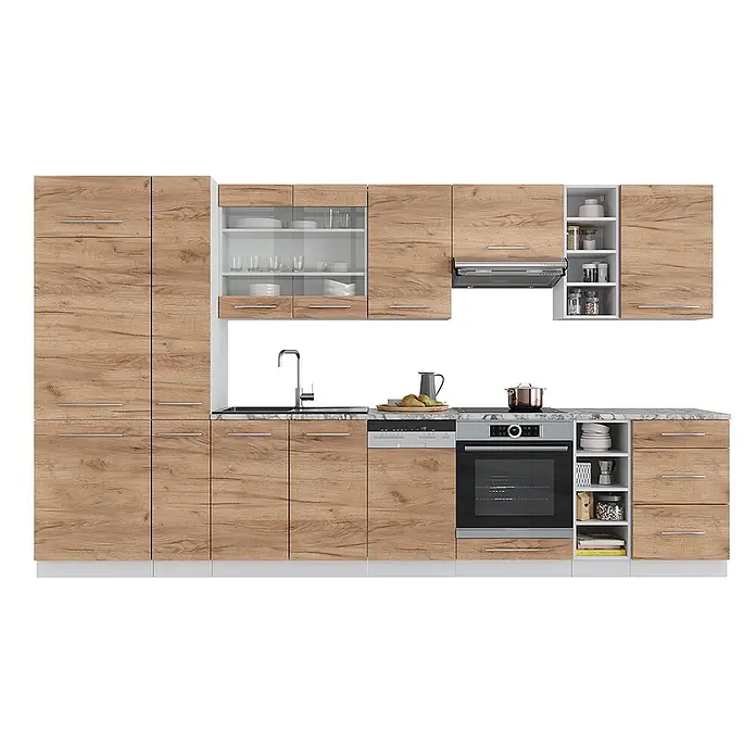 Küchenzeile Fame-Line 355 cm Goldkraft Eiche Art.-Nr. 49291 -  - Moderne Küchenzeile mit hellen Holzmaserungsschränken, integrierter Spüle, Herd, Backofen, Geschirrspüler und viel Stauraum.