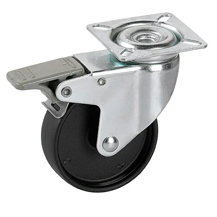 Stabilit Möbel-Lenkrolle - 50 mm, Traglast: 35 kg, Gleitlager, Höhe: 66 mm, Mit Platte und Feststeller - Ein einzelnes Lenkrolle mit Bremse, ideal für Möbel oder Geräte, die Mobilität und sicheren Stand benötigen.