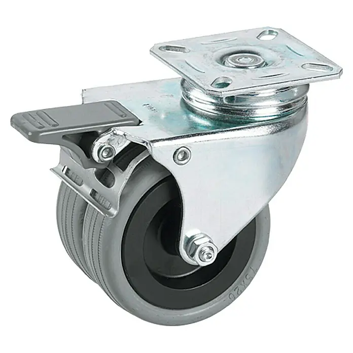 Stabilit Rueda doble para equipos - Diámetro ruedas: 75 mm, Capacidad de carga: 100 kg, Cojinete de bolas, Con placa y freno - Rueda giratoria con freno. Esta rueda de alta calidad ofrece flexibilidad y seguridad para diversas aplicaciones industriales.